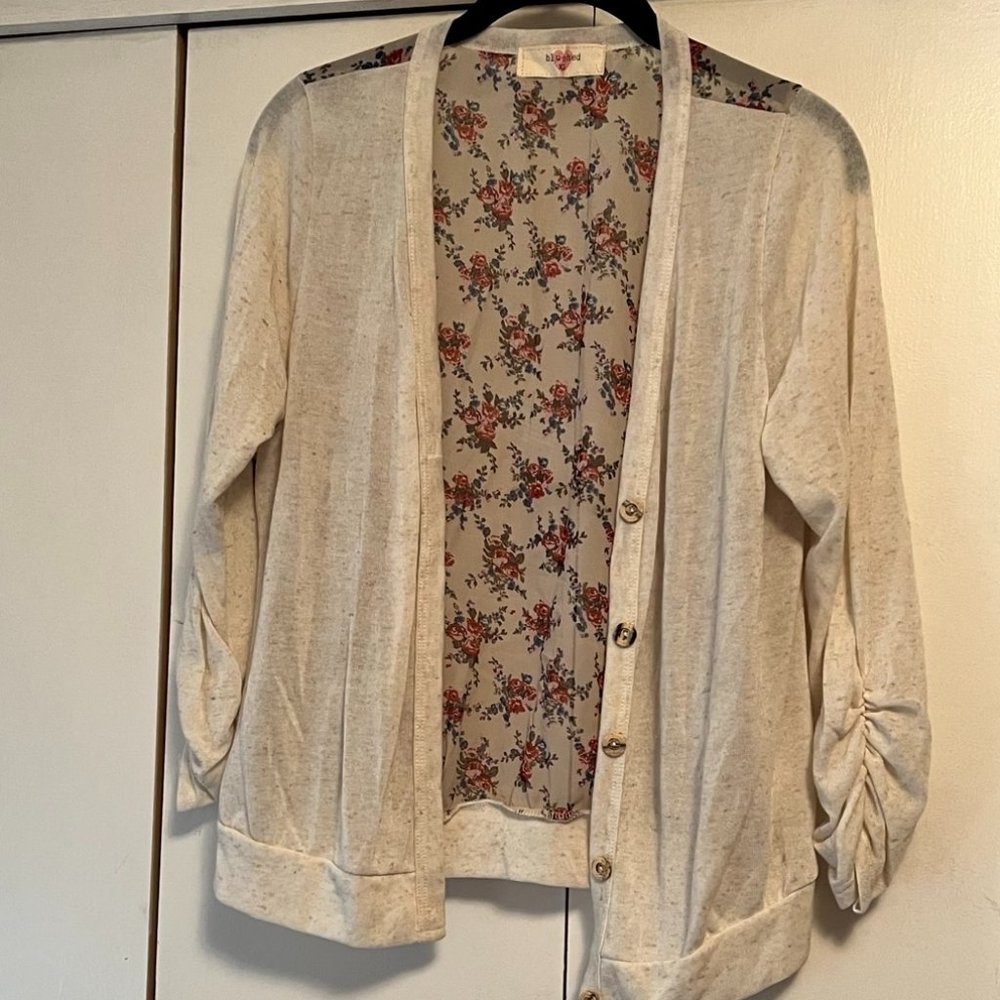 Blushed Cardigan w/ Sheer Floral Back, Ruching on Sleeves - Size XL